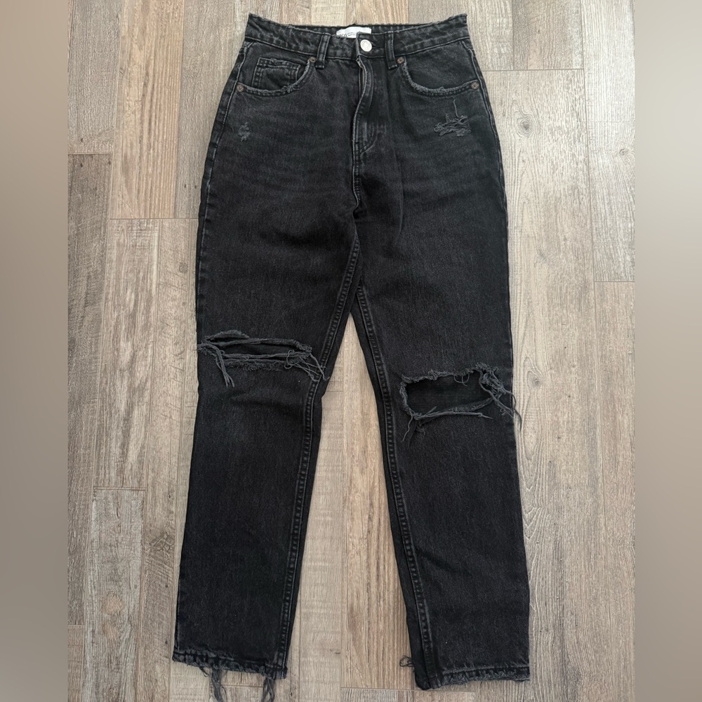 Zara Black Ripped High Waisted Straight Leg Jeans